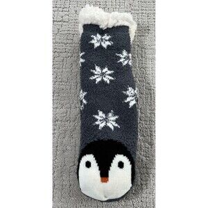 Love at First Sight Penguin Snowflake Knit Sherpa Slipper Socks Purple New! NWT